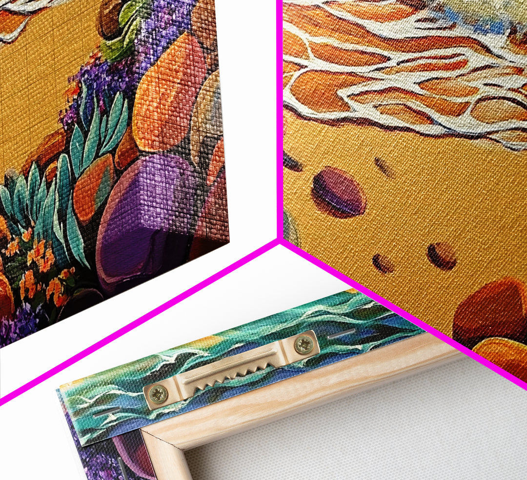 Coastal Shoreline, Footprints, Framed Canvas Print, Coastal beach waves and footprints art with colorful rocks, Bathroom Wall Art