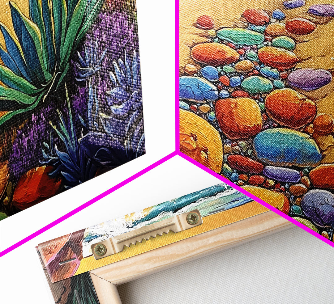 Beach Path, Ocean, Sunset, Canvas Print, Colorful beach path with stones and ocean waves, vibrant coastal Living Room Wall Art