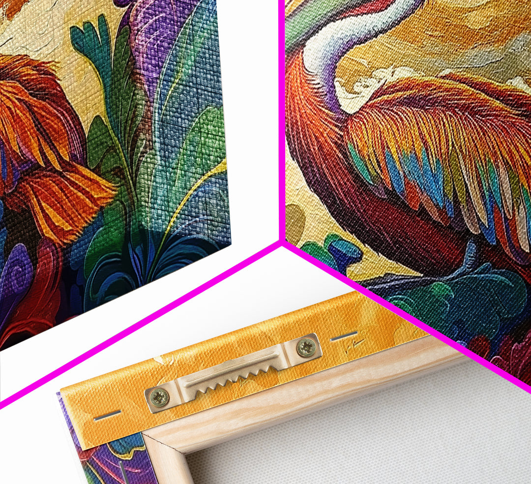 Pelican, Waves Tropical, Canvas Print, Bright tropical pelican artwork with ocean waves and foliage, great Bathroom Wall Art