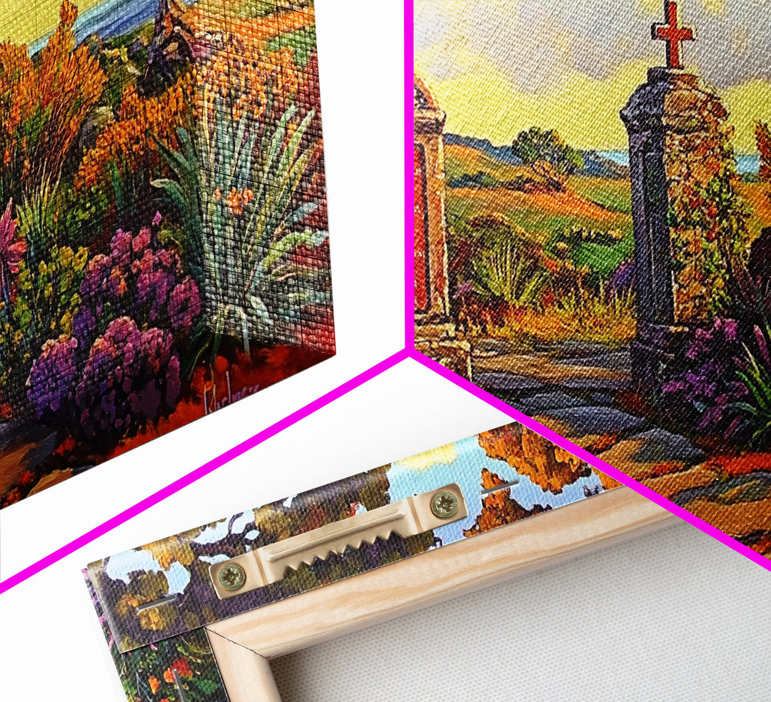 Cross Memorial, Sunset, Framed Canvas Print, Peaceful Autumn scene with cross and mountain view, ideal Fall Living Room Wall Art