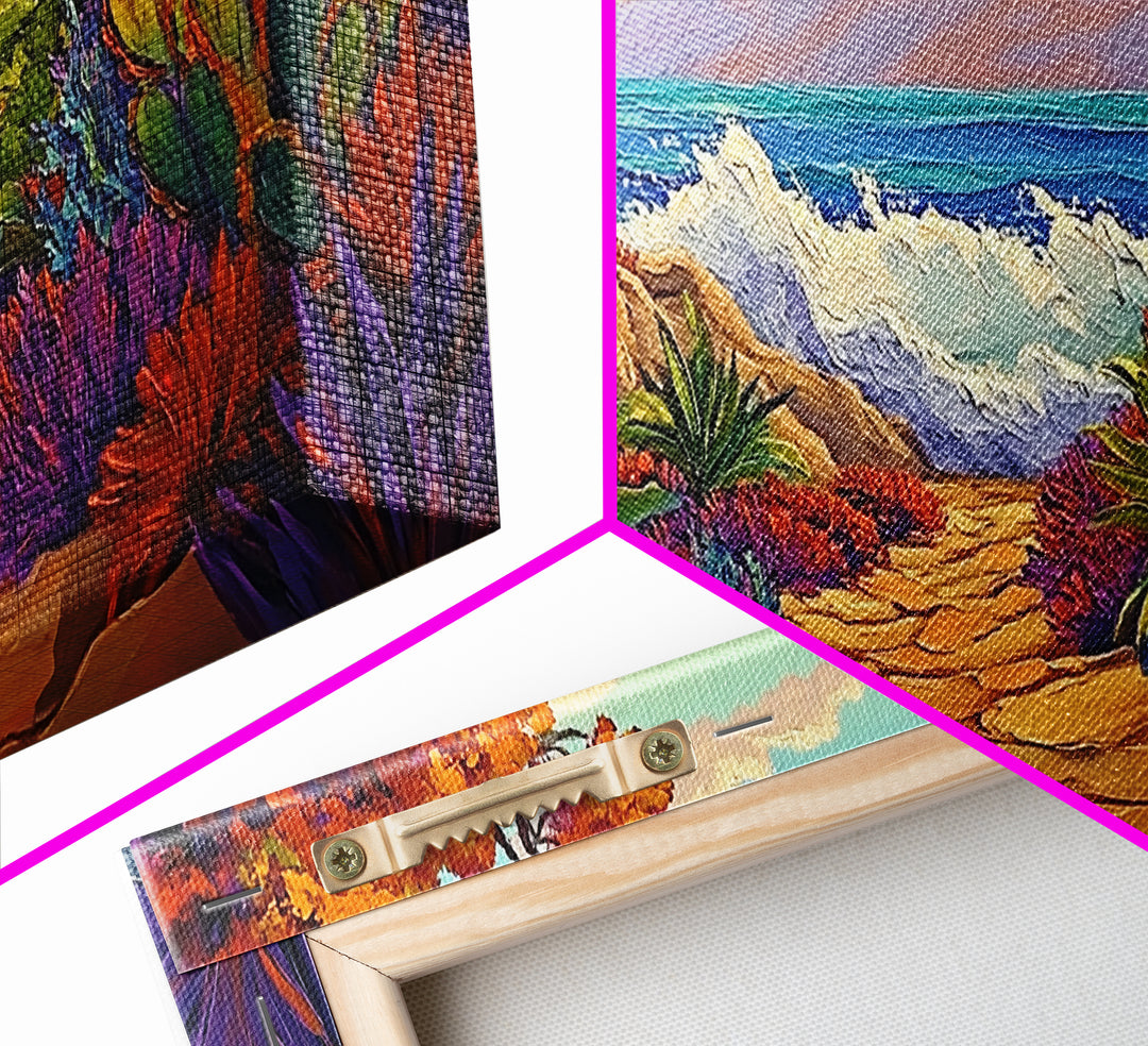 Ocean Path, Sunset, Nature, Canvas Print vibrant coastal wall art, autumn cactus decor, tropical landscape painting, entryway art