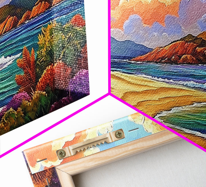 Beach Clouds, Coastal, Pastel, Framed Canvas Print soft tropical seascape painting, ocean view boho art, serene living room print