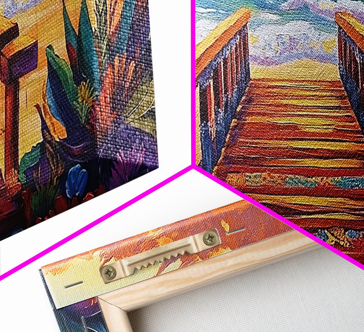 Beach Boardwalk, Sunset, View, Framed Canvas Print, boardwalk to beach, Coastal Entryway Art, sunset seascape painting, ocean cottage