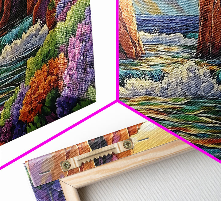Canyon Cliffs, Ocean View, Sunset Water, Framed Canvas Print, Vibrant Landscape Wall Art, Office or Entryway Nature Decor