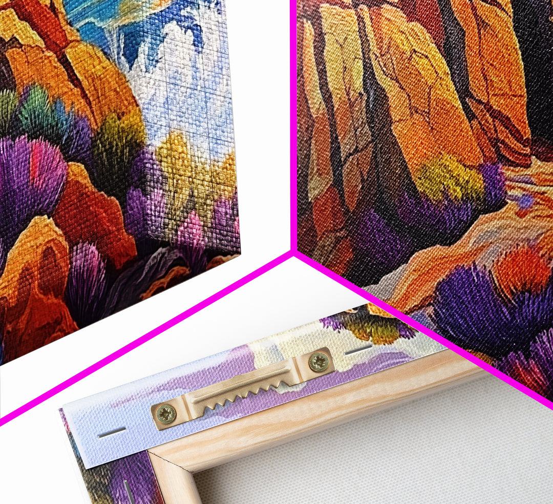 Ocean Cave, Rocky Coast, Lavender Brush, Framed Canvas Print, Bold Nature Wall Art, Vibrant Bedroom or Study Coastal Decor