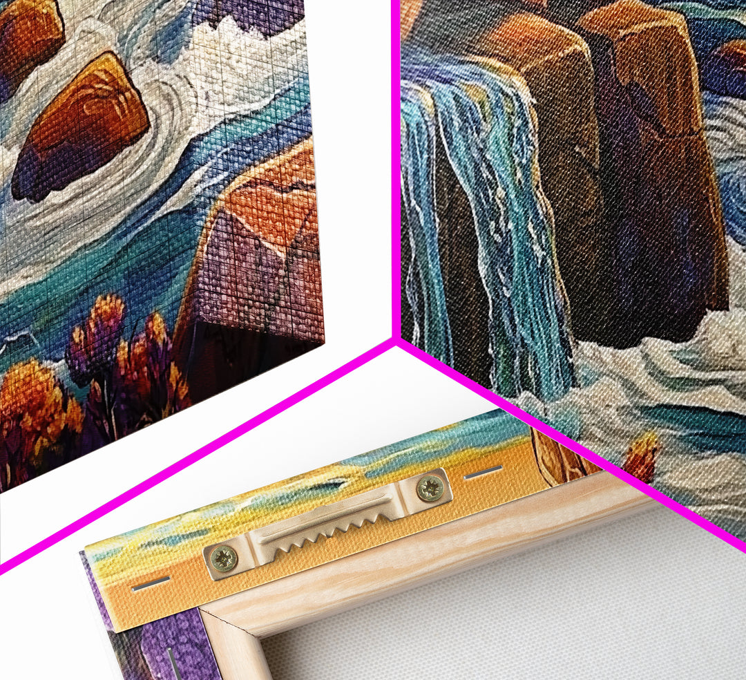 Cliffside Waterfall, Ocean Swirls, Sunset Tide, Framed Canvas Print, Nature Landscape Wall Art, Bold Boho Living Room Decor