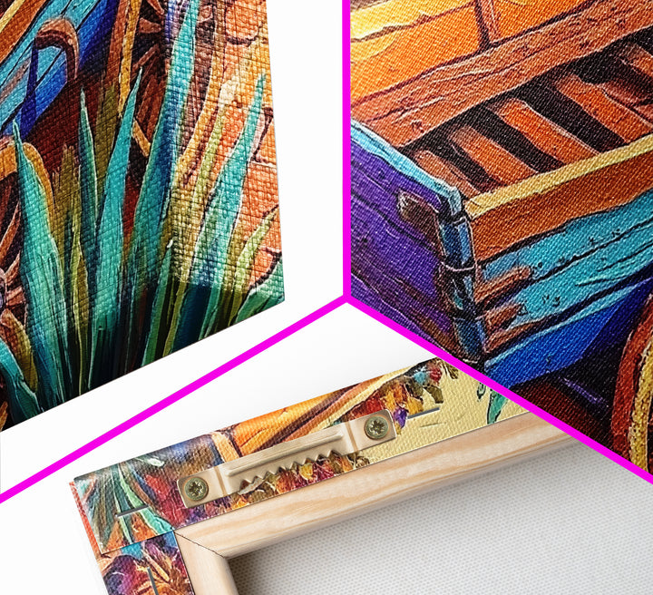 Painted Wagon, Rustic Charm, Color Pop, Framed Canvas Print, Western Farmhouse Wall Art, Vibrant Kitchen Print, Entryway Decor