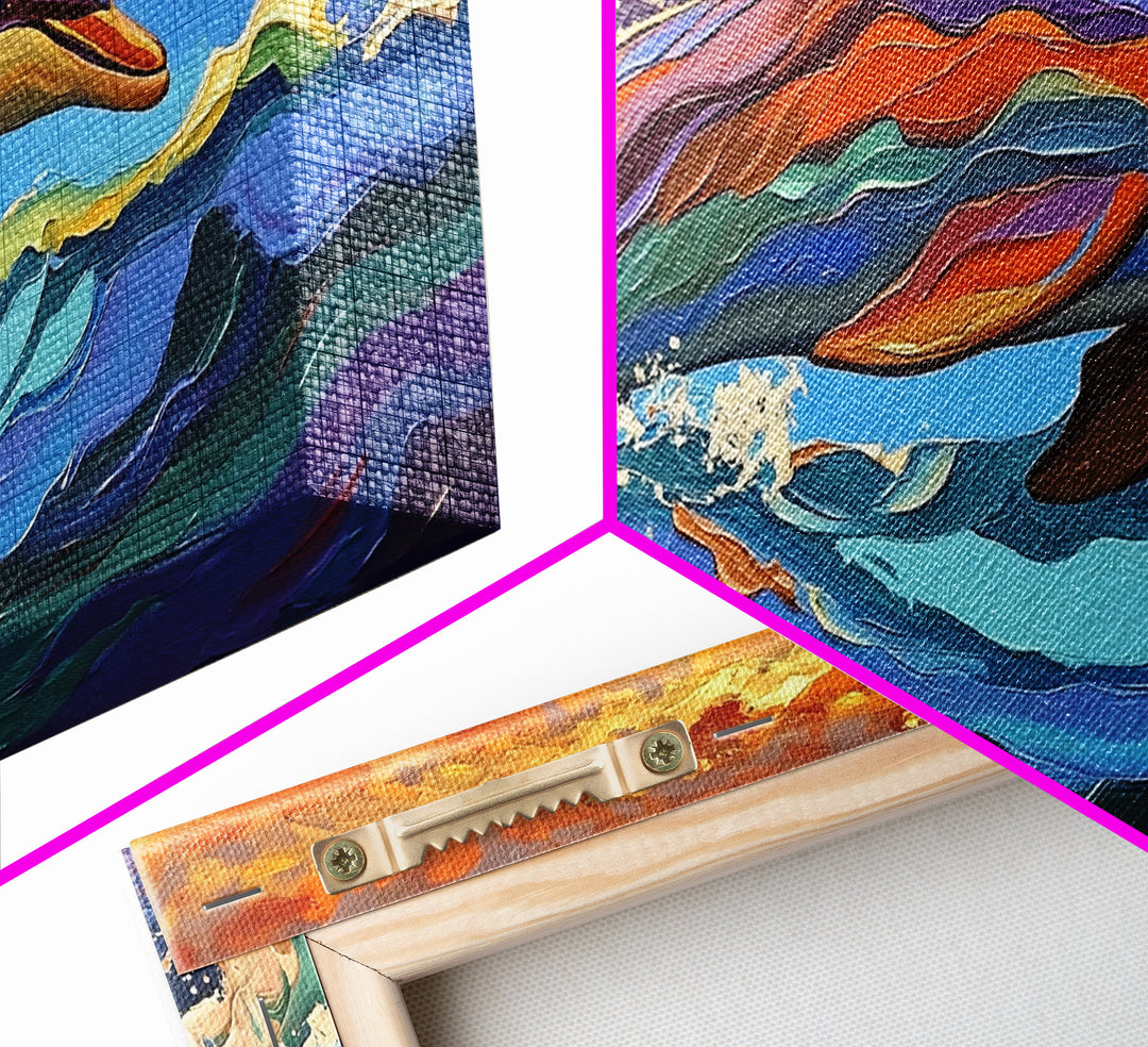 Dolphin Ocean, Sunset, Vibrant, Jumping Dolphin Canvas Print, Beach House Wall Art, Vibrant Ocean Scene, Kids Room Decor, Summer Art