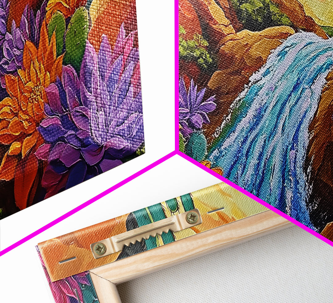 Cactus Canyon, Flowers, Waterfall, Framed Canvas Print Bright desert wall art, boho botanical painting, vibrant hallway home decor