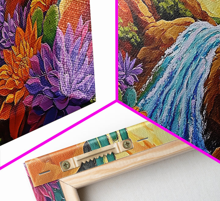 Cactus Canyon, Flowers, Waterfall, Framed Canvas Print Bright desert wall art, boho botanical painting, vibrant hallway home decor