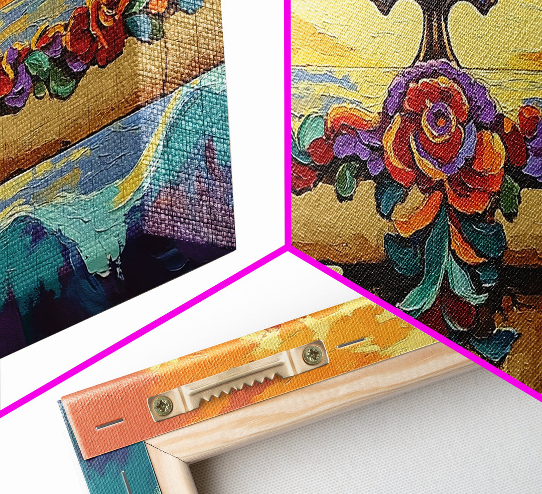 Cross Sunset, Flowers, Spiritual, Coastal Cross Sunset Framed Canvas Print, Christian Wall Art, Floral Beach Decor, Living Room Art