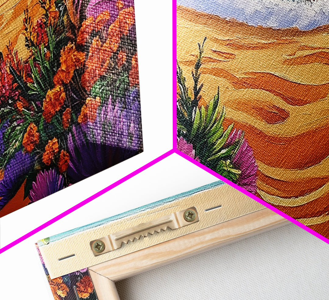 Beach Floral, Sunset, Cactus, Vibrant Desert Coastal Pathway Canvas Print, Entryway Wall Art, Boho Style Art, Tropical Beach Wall Decor