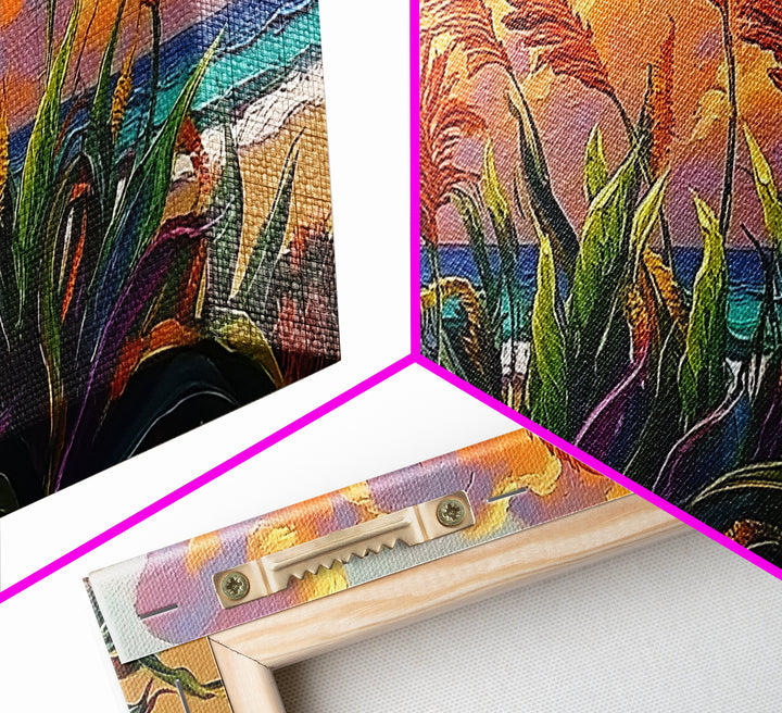 Coastal Sunset, Grasses, Canvas Print, Autumn Beach Landscape Art, Boho Living Room Wall Decor, Colorful Nature Painting