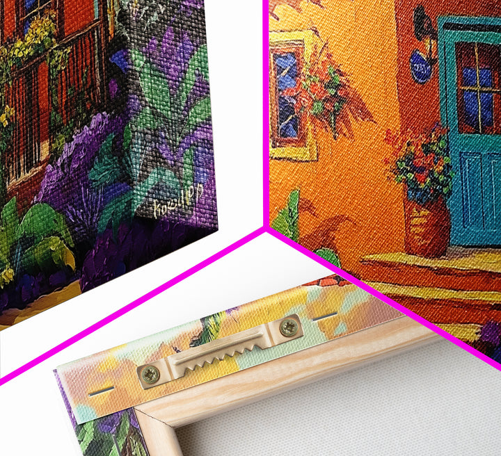 Casita Tropical, Sunset, Garden, Framed Canvas Print, Mexican villa painting, rustic kitchen decor, vibrant coastal house wall art