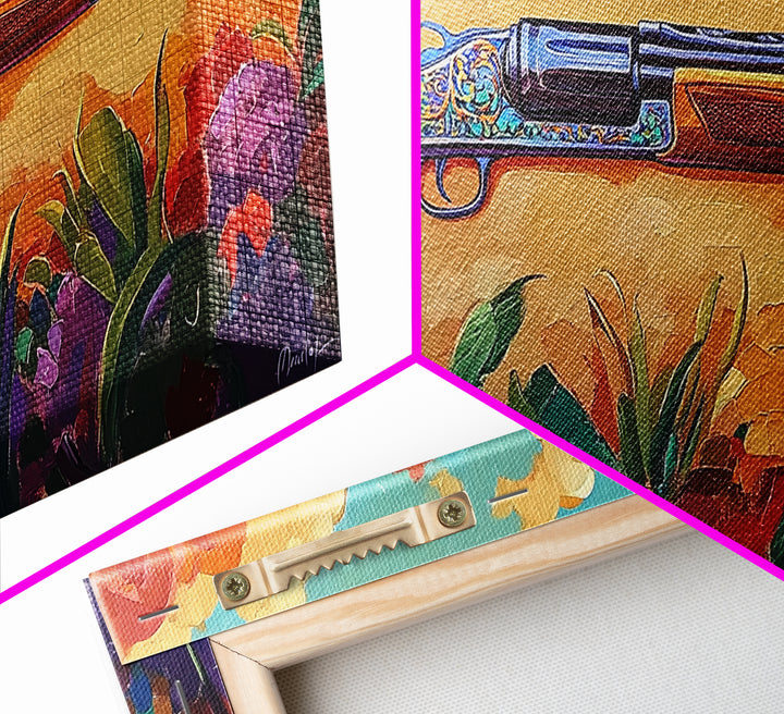 Shotgun Floral, Sunset, Western, Framed Canvas Print, rustic hunting cabin art, bold Americana decor, man cave or lodge wall print
