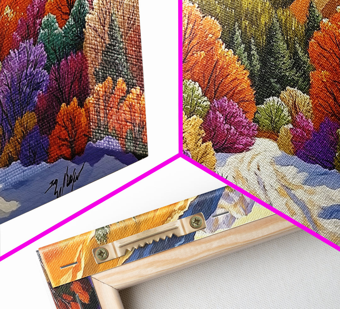 Autumn Forest, Snow, Trail, Canvas Print, Fall landscape painting, cabin wall decor, cozy mountain art, vibrant rustic hallway print