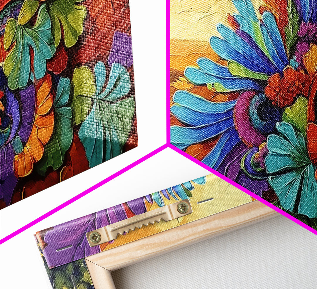 Colorful Feather, Design, Sunset, Framed Canvas Print, southwest wall art, abstract boho style, living room wall art, desert tones