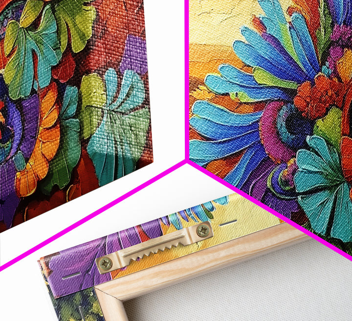 Colorful Feather, Design, Sunset, Framed Canvas Print, southwest wall art, abstract boho style, living room wall art, desert tones