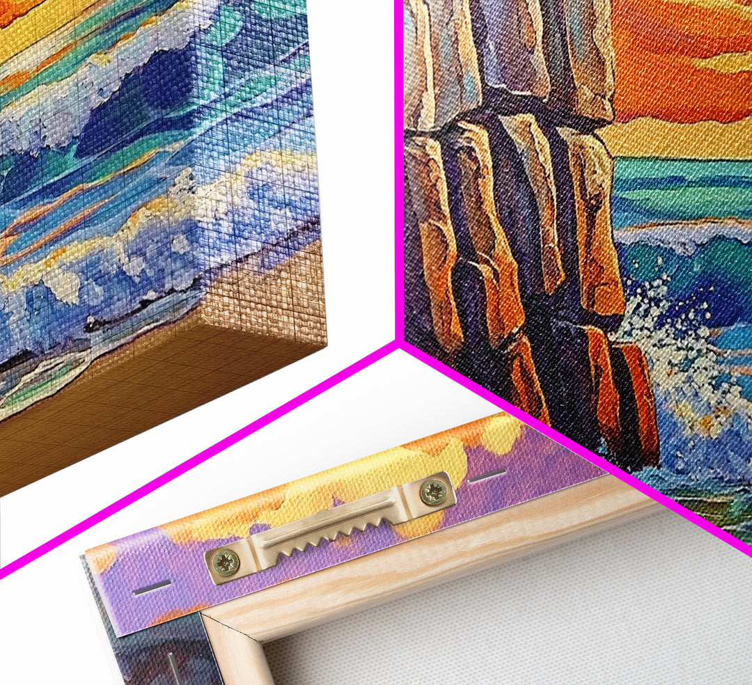 Rock Ocean, Sunset, Waves, Framed Canvas Print, coastal wall decor, bold shoreline art, living room beach style, nature theme