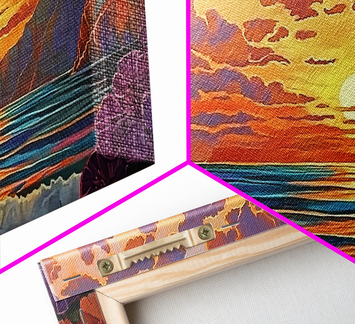 Beach Cliffs, Sunset, Vibrant Sky, Framed Canvas Print, Boho Coastal Art, Bedroom Wall Decor, Ocean View Painting, Tropical Landscape