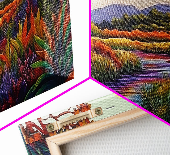 River Wildflowers, Autumn Trees, Mountain View, Framed Canvas Print, Fall Nature Art, Kitchen Wall Decor, Boho Landscape Painting