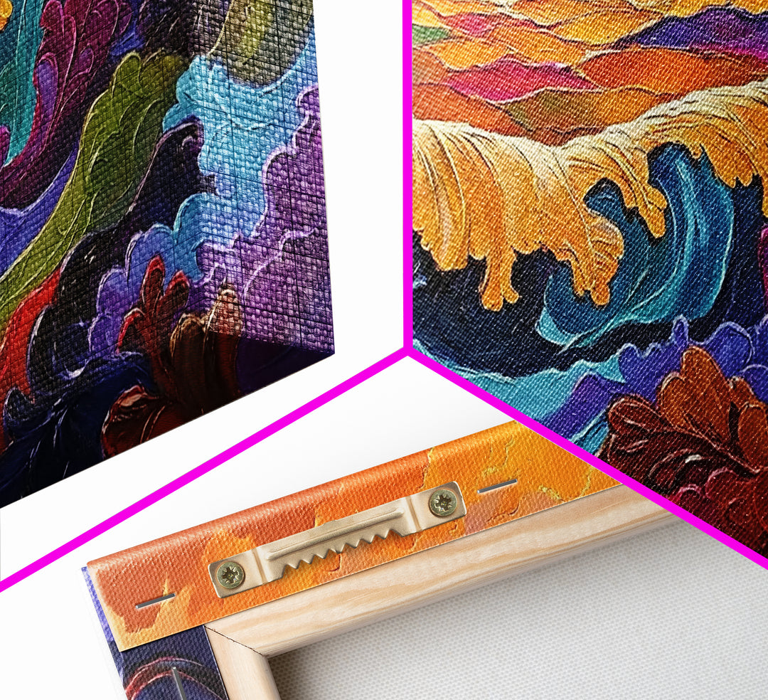 Ocean Abstract, Waves, Sunset, Framed Canvas Print, Surreal Coastal Art, Living Room Wall Decor, Fantasy Seascape, Boho Expressionist