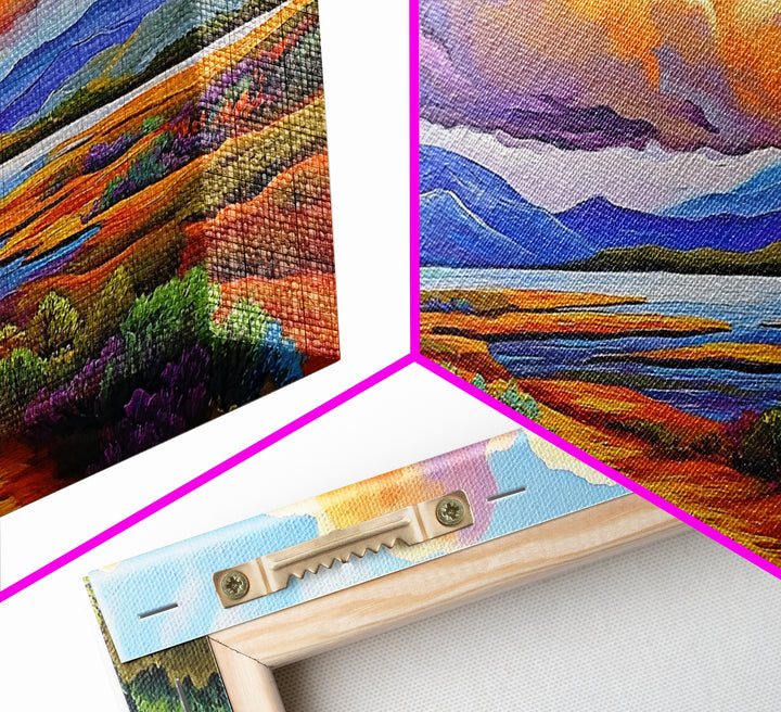 Autumn Mountains, Path, Landscape, Framed Canvas Print, serene autumn mountain scene with vibrant clouds, colorful field trail art