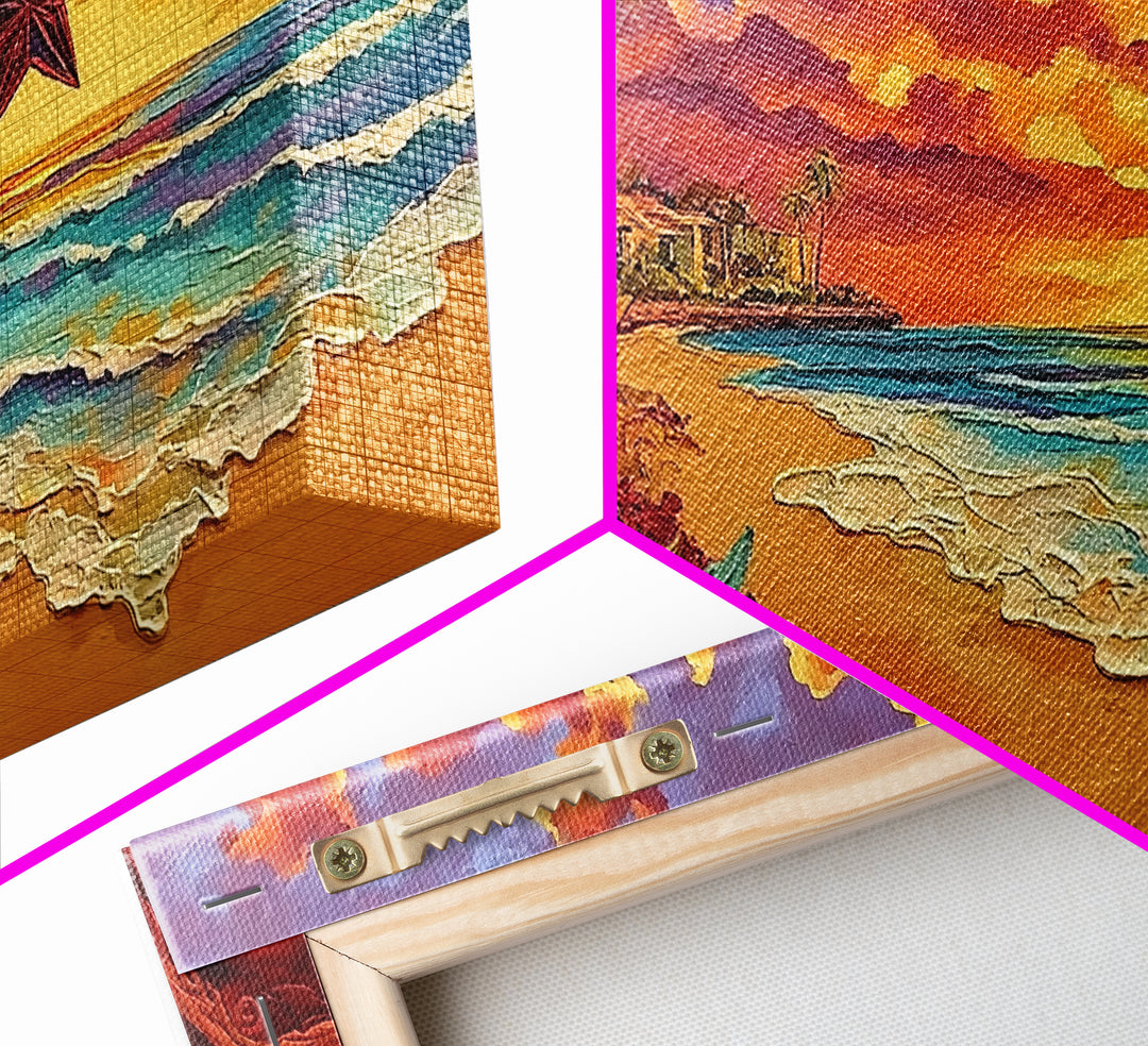 Beach Star, Flower, Sunset, Framed Canvas Print, beach sunset art with star, bold tropical flowers, palm trees, vivid sky, living room