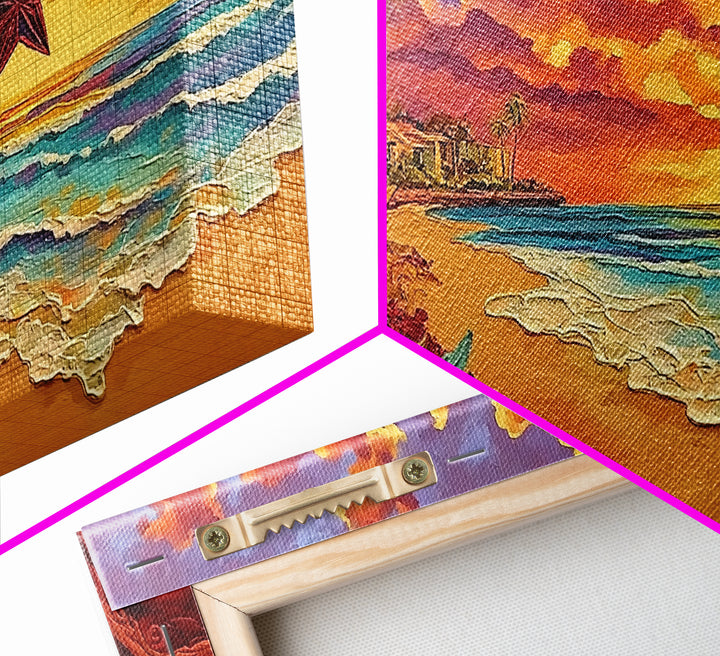 Beach Star, Flower, Sunset, Framed Canvas Print, beach sunset art with star, bold tropical flowers, palm trees, vivid sky, living room