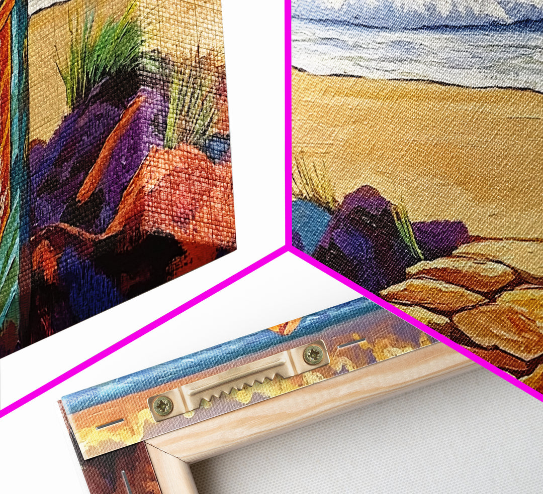 Beach Path, Waves, Nature, Ocean path with pillar, Framed Canvas Print, Coastal Decor, Vibrant Wall Art, Bathroom or Hallway Art