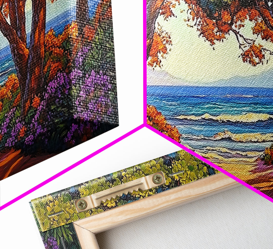 Beach Trees, Tunnel, Ocean, Sunset beach tunnel view, Framed Canvas Print, Coastal Boho Decor, Romantic Seaside Wall Art