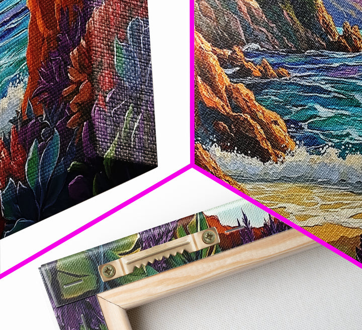 Cave, Beach, Jungle, Ocean, Canvas Print, Coastal jungle scene, tropical beach view, living room or entryway boho wall decor