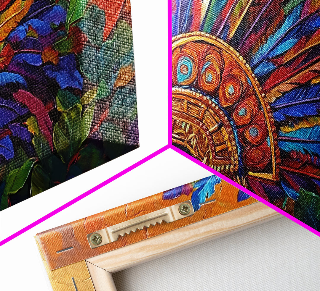 Aztec Warrior, Headpiece, Art, Framed Canvas Print, Indigenous feather headdress wall decor, bold bohemian accent, office statement