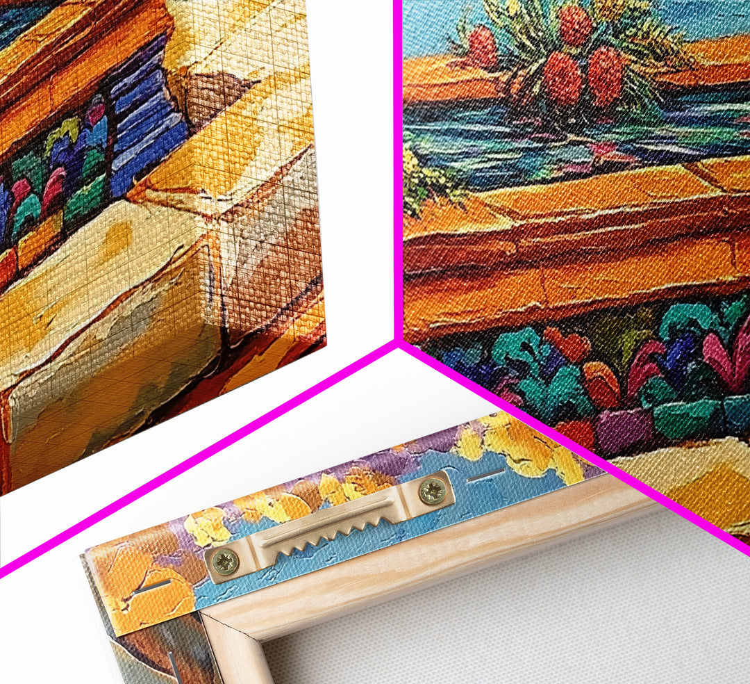 Tile Garden, Water, Feature, Framed Canvas Print Bright terracotta planter wall art, outdoor courtyard or patio decor, folk painting
