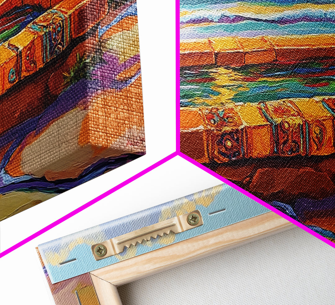 Ocean Terrace, Bath, Scene, Framed Canvas Print Mexican tile spa ocean view, tropical coastal wall art, vibrant bathroom or garden print