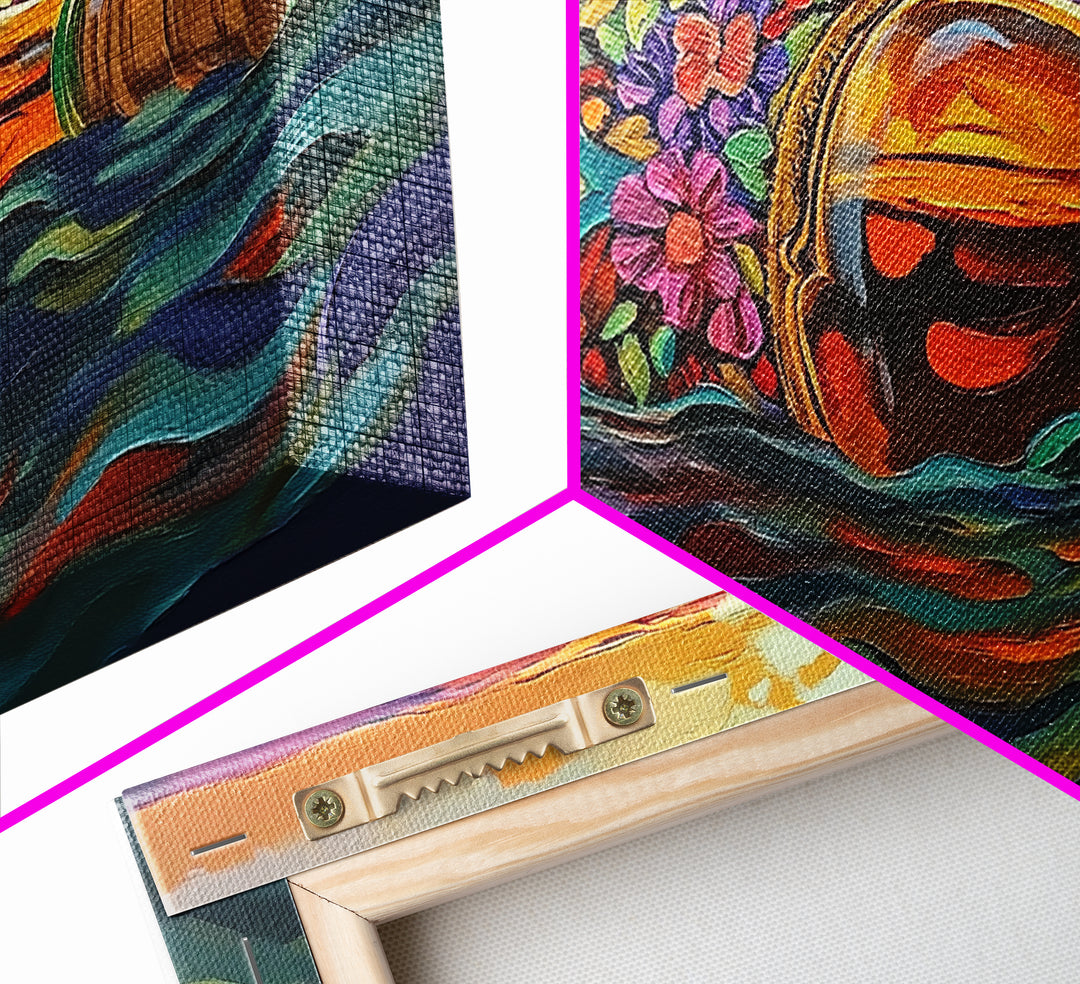 Bottle Ocean, Sunset, Flowers, Framed Canvas Print tropical beach bathroom decor, coastal boho wall art, floral message bottle painting