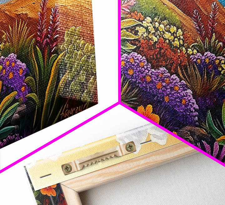 Coastal Floral, Landscape Painting, Canvas Print, vibrant beach flowers, ocean view wall decor, boho style Living Room Wall Art