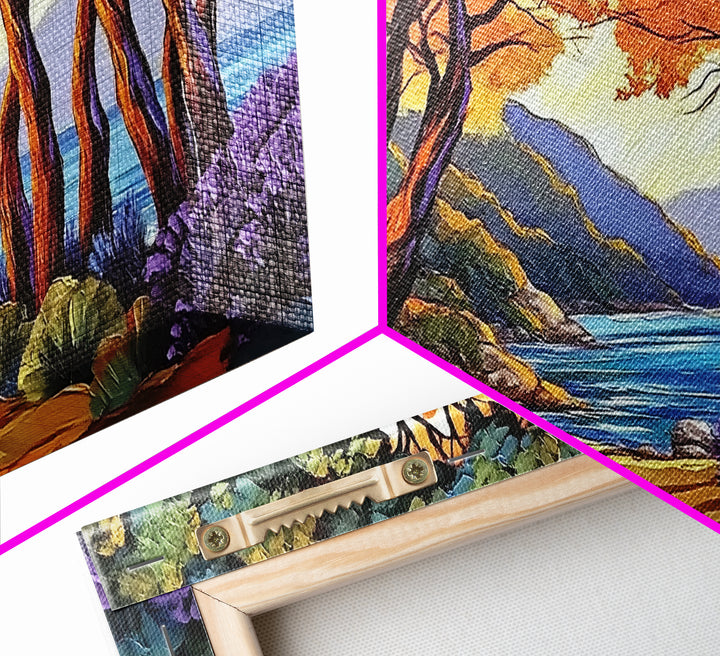 Trees Autumn, Ocean Trail, Canvas Print, Fall landscape, trees leading to ocean view, colorful palette, Living Room Wall Art