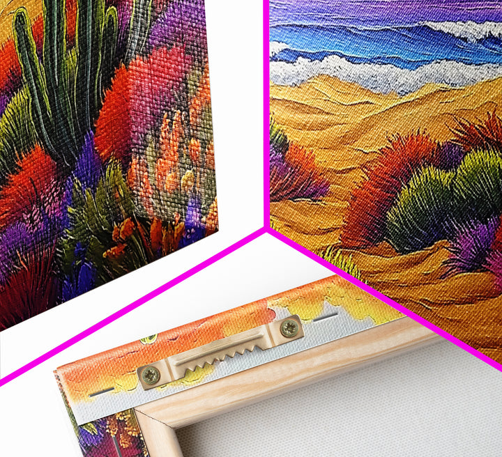 Cactus Sunset, Desert Painting, Framed Canvas Print, vibrant desert coastline, colorful flora, boho ar,t Southwest Style Entryway