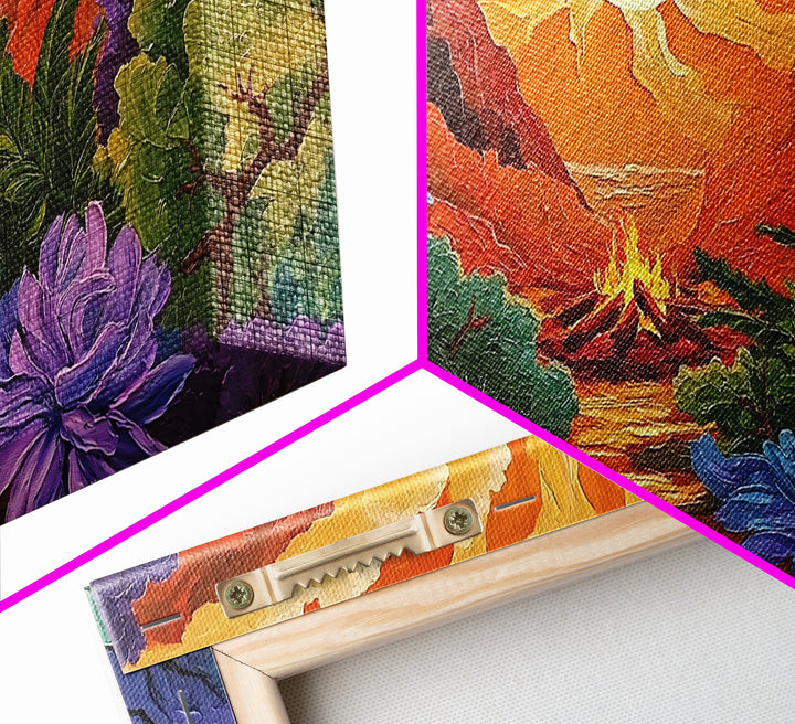 Campfire Valley, Sunset, Vivid Sky, bright forest Canvas Print, fall nature decor, bold boho fire painting, cozy cabin wall art