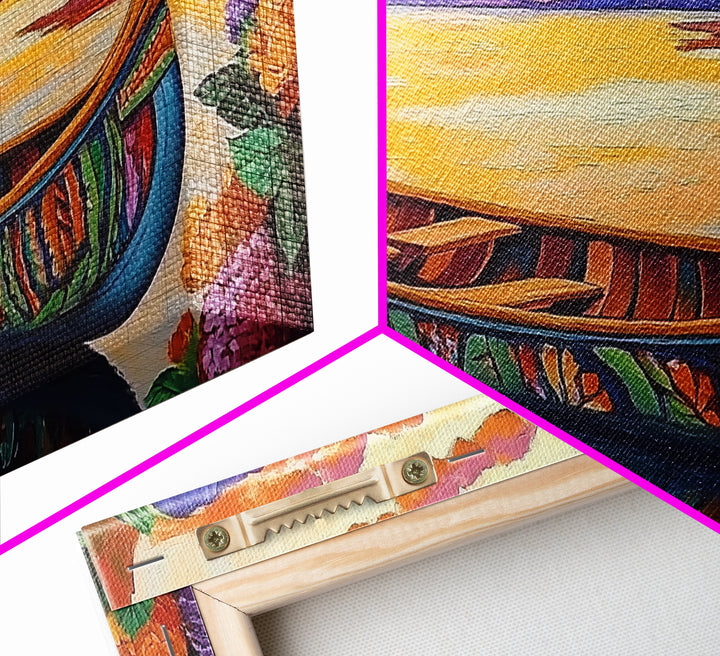 Canoe Tropical, Sunset Reflections, Serene Waters, exotic island Framed Canvas Print, tranquil boho decor, lakehouse wall art