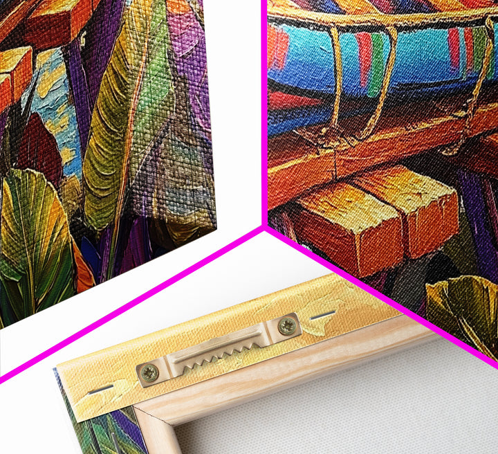 Canoe Dock, Ocean, Bold Palette, vibrant tropical Canvas Print, nautical boho art, playful beach house wall decor, summer vibes