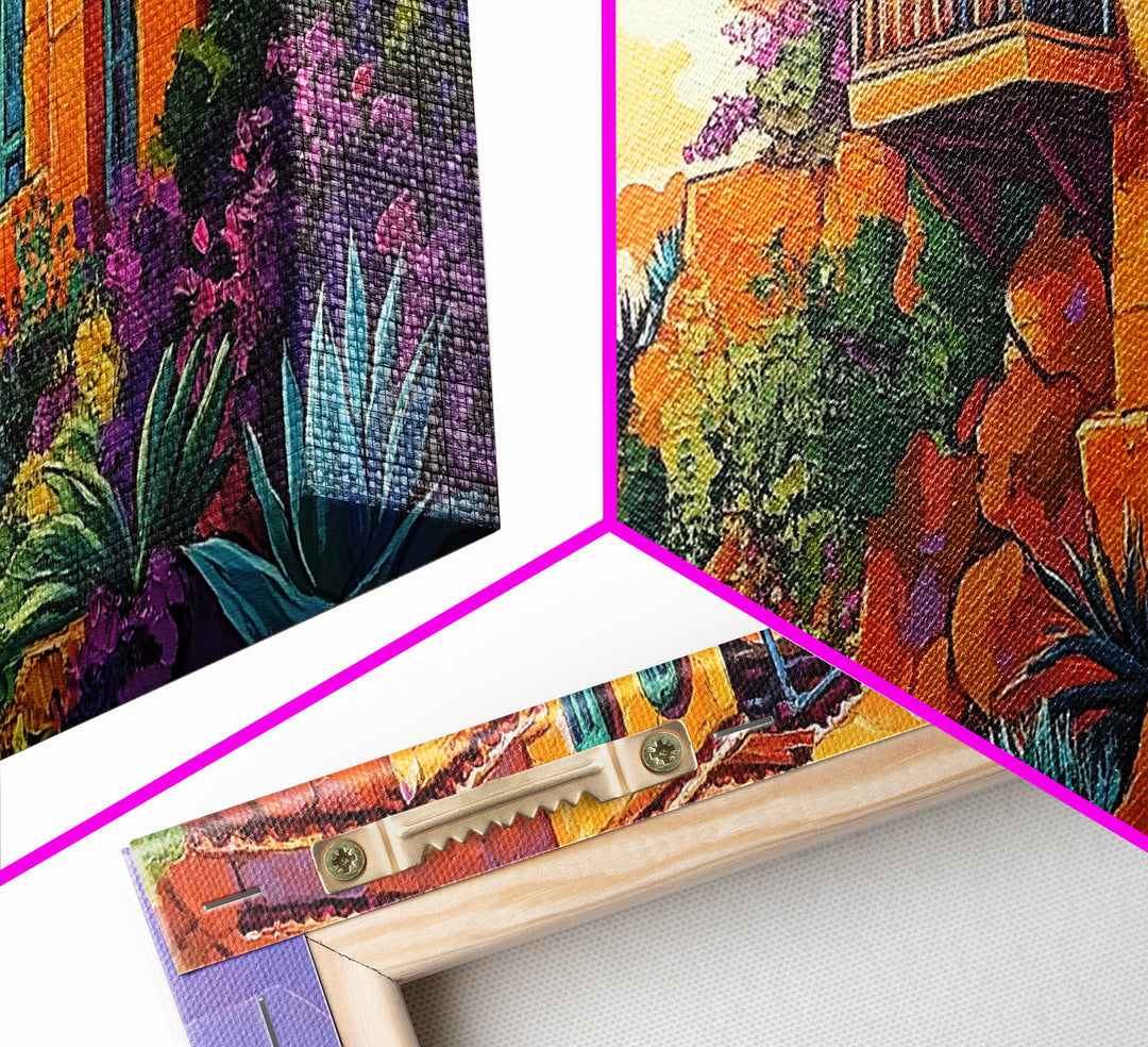 Cliffside House, Sunset, View, Desert boho mountain house, colorful Canvas Print, living room wall art, dramatic sky landscape painting