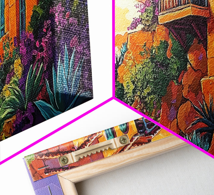 Cliffside House, Sunset, View, Desert boho mountain house, colorful Canvas Print, living room wall art, dramatic sky landscape painting