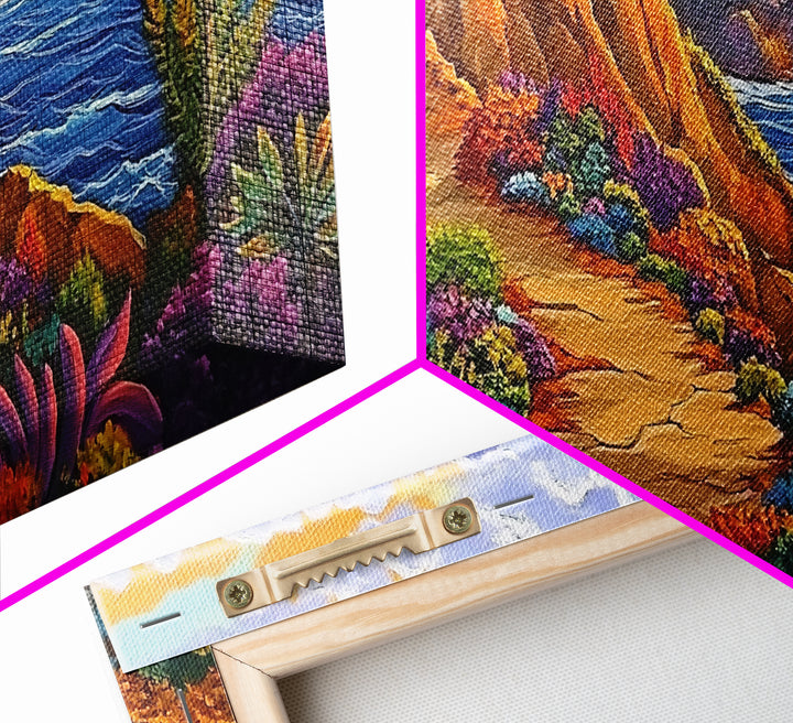 Pathway Ocean, Flowers, Escape, Coastal trail wall art, vibrant Canvas Print, bedroom nature painting, colorful California coast style