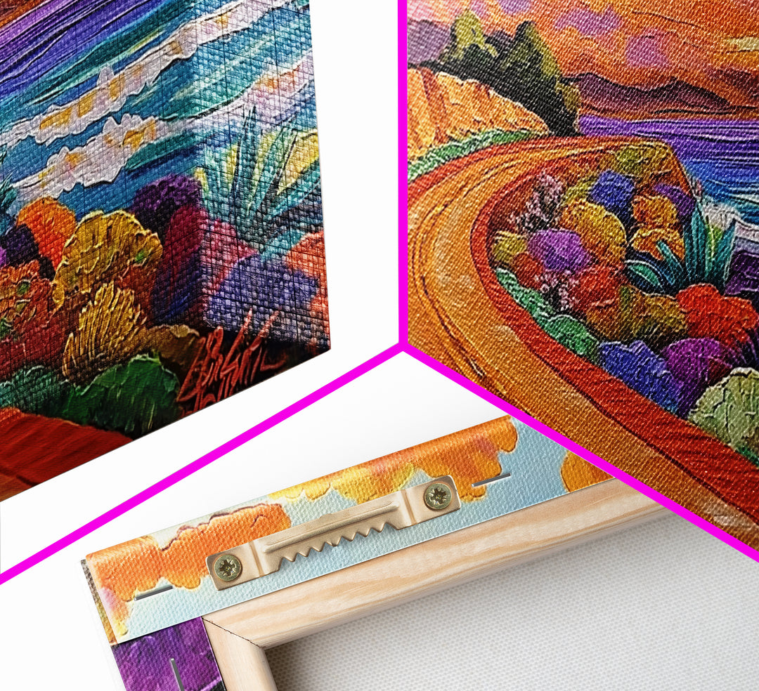 Coastal Train, Sunset, Framed Canvas Print, Vibrant coastal sunset railway painting, Colorful beachscape boho art, Hallway Wall Art