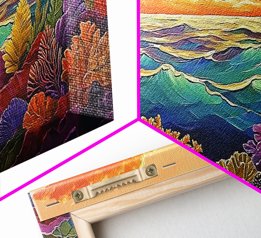 Coral Ocean, Sunset, Framed Canvas Print, Underwater coral reef at sunset painting, Ocean lover gift idea, Coastal Spa Wall Art