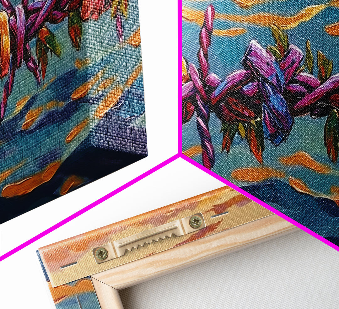 Barbed Sunset, Ocean, Framed Canvas Print, Symbolic Ocean Barbed Wire Art, Modern Sunset Expressionist Decor, Unique Office Wall Art