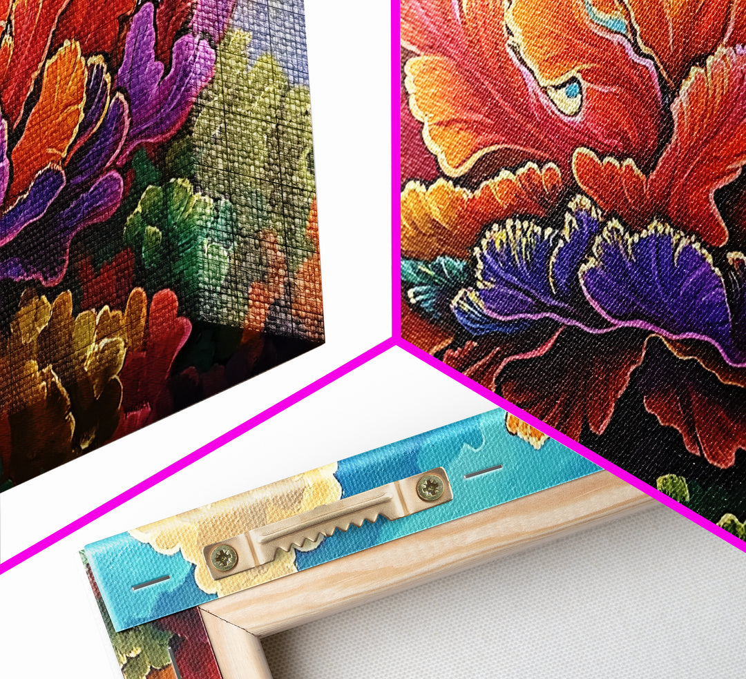 Coral Bloom, Ocean, Framed Canvas Print, Abstract blooming coral reef under dreamy sky painting, Modern Coastal Decor, Bedroom Wall Art