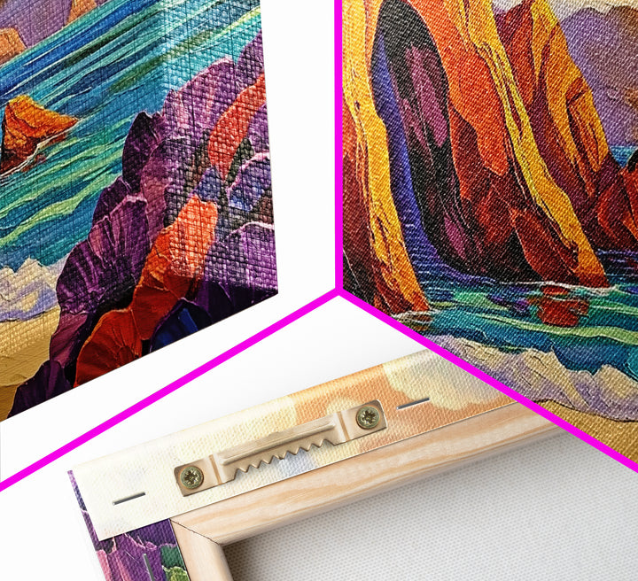 Cliffs Beach, Ocean, Framed Canvas Print, Bold textured coastal cliffs and ocean view painting, Vibrant Summer Decor, Kitchen Wall Art